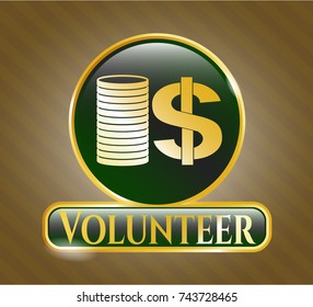  Golden badge with stack of coins icon and Volunteer text inside