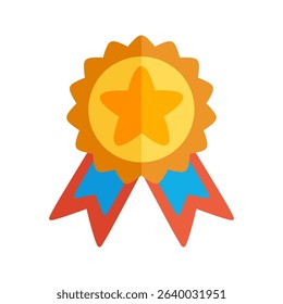 Golden badge with a star and ribbons representing success, achievement, and winning