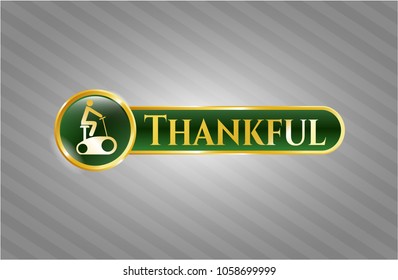  Golden badge with stationary bike icon and Thankful text inside