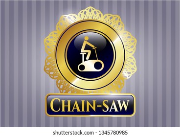  Golden badge with stationary bike icon and Chain-saw text inside