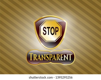  Golden badge with stop icon and Transparent text inside