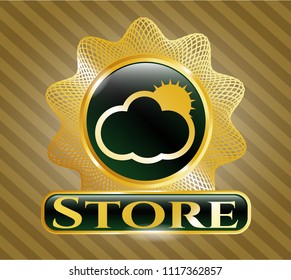  Golden badge with sun behind cloud icon and Store text inside