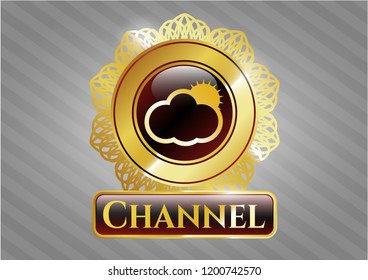  Golden badge with sun behind cloud icon and Channel text inside