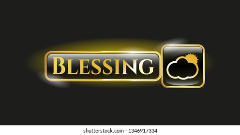  Golden badge with sun behind cloud icon and Blessing text inside