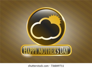  Golden badge with sun behind cloud icon and Happy Mother's Day text inside