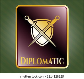   Golden badge with swords crossed with shield icon and Diplomatic text inside