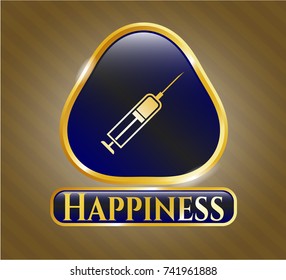  Golden badge with syringe icon and Happiness text inside