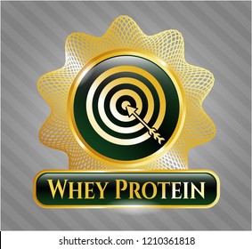  Golden badge with target, business icon and Whey Protein text inside
