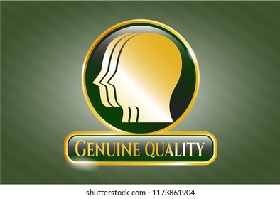  Golden badge with team work icon and Genuine Quality text inside
