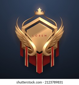 Golden badge template with crown and wings