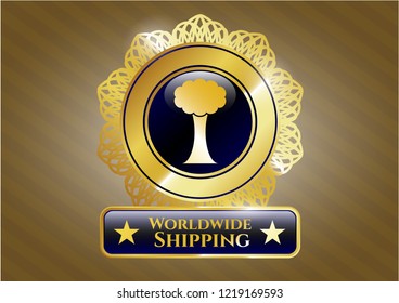  Golden badge with tree icon and Worldwide Shipping text inside