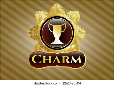  Golden badge with trophy icon and Charm text inside