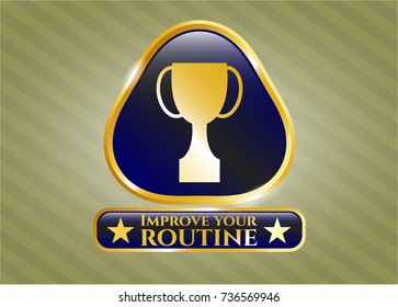  Golden badge with trophy icon and Improve your routine text inside