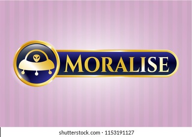  Golden badge with ufo with aline inside icon and Moralise text inside