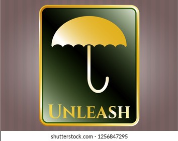  Golden badge with umbrella icon and Unleash text inside