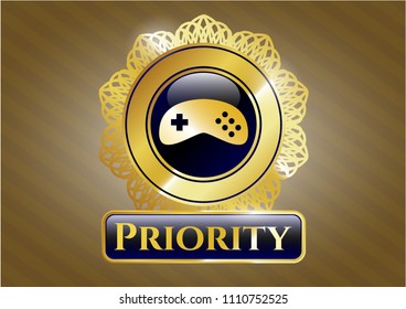   Golden badge with video game icon and Priority text inside