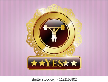  Golden badge with weightlifter girl icon and Yes text inside