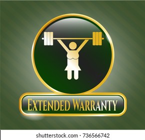  Golden Badge With Weightlifter Girl Icon And Extended Warranty Text Inside