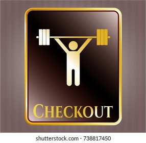  Golden Badge With Weightlifting Icon And Checkout Text Inside