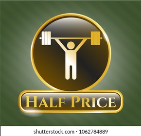  Golden badge with weightlifting icon and Half Price text inside