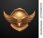 Golden badge with wings on black background
