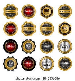 Golden badges and labels with golden ribbon vector collection