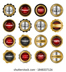 Golden badges and labels with golden ribbon vector collection