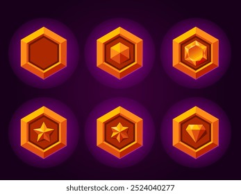 Golden badges set for games. Gold rank badges emblems. Metallic style. Diamond, gemstone, star objects.