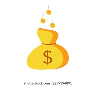 Golden bag with dollar sign and coins. Vector flat illustration