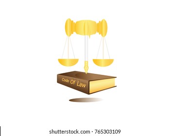 golden balance vector illustrate with scale, gavel and fountain pen isolated on white background. balance with cod of law book design justice concept.