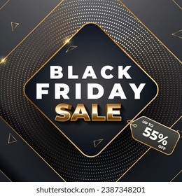 Golden Balck Friday Sale Realistic Design With Discount  Up To 55%. Vector illustration. Special Day. Up to 55% off.