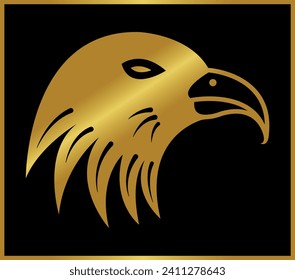 Golden bald eagle bird face head icon illustration, Isolated gold color american eagle bird vector monogram object.