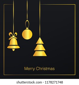 Golden ball, bell and fir-tree on a dark background. Merry Christmas and Happy New year greeting card.