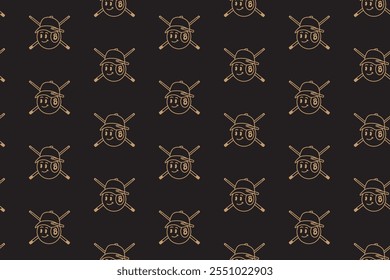golden ball billiard head with hat, stick crossed seamless pattern on black background. ball pool with cap, cue pool crossed illustration pattern background for billiard decor and merchandise 