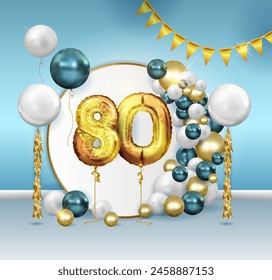 Golden ball number eighty, 80 metal foil ball Party decoration with golden balloons, birthday photo zone with flags