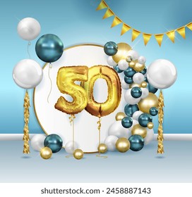 Golden ball number fifty, 50 metal foil ball Party decoration with golden balloons, birthday photo zone with flags, garlands, commemorative plaque with tassels for congratulations, carnival.