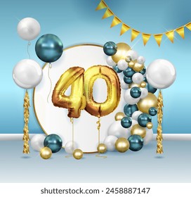 Golden ball number forty , 40 is a metal foil ball Decorating a party with golden balloons, a birthday photo zone with flags