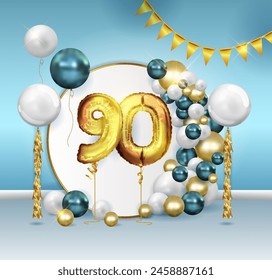 Golden ball number ninety 90 metal foil balloon Party decoration with golden balloons, birthday photo zone with flags, garlands, commemorative plaque with tassels for congratulations