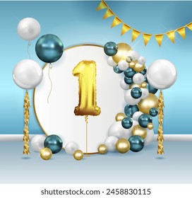 Golden ball number one-1, the first metal ball. Party decoration with golden balloons, birthday photo zone with flags, garlands