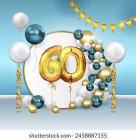 Golden ball number sixty, 60 metal foil ball Party decoration with golden balloons, birthday photo zone with flags, garlands