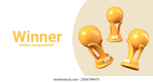 Golden ball on stand. Sports award in various positions. Set of vector 3D models