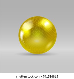 Golden ball with reflections. Realistic 3D illustration with a raised grid.