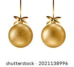 Golden ball set isolated on white background. Vector illustration. Merry Christmas and Happy New Year 2022 sphere decoration hanging with gold ribbon bow. Holiday Xmas toy bauble for fir tree