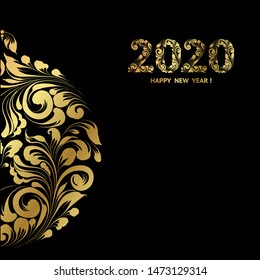 Golden ball toy on the black background. Ball with floral texture. Happy new year 2020. Holiday card. Template for your design. Vector illustration.