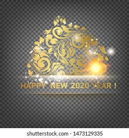 Golden ball toy on the transparent background. Ball with floral texture. Happy new year 2020 holiday card. Template for your design. Vector illustration.