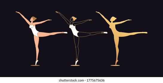 Golden ballerina woman in outline style. Set of silhouette, Ballet dancer stands on one leg, casts away second leg back, hands aside. Ballet posture and posing, dance performance. Vector illustration