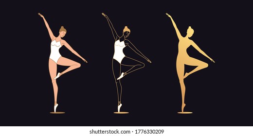 Golden ballerina woman in outline style. Set of silhouette, Ballet dancer stands on one leg, bends second leg and lifts up one hand. Ballet posture, posing, dance performance. Vector illustration