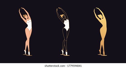 Golden ballerina woman in outline style. Set of silhouette, Ballet dancer leans slightly aside with arms raised above the head. Ballet posture, posing, dance performance. Vector illustration