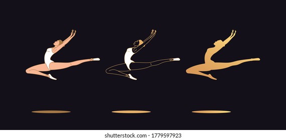 Golden ballerina woman in outline style. Set of silhouette, Ballet dancer jumps and flies in the air with bent and outstretched leg. Ballet posture, posing, dance performance. Vector illustration