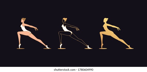 Golden ballerina woman in outline style. Ballet dancer, set of gold silhouettes. Ballerina posture and posing, dance performance. Vector illustration